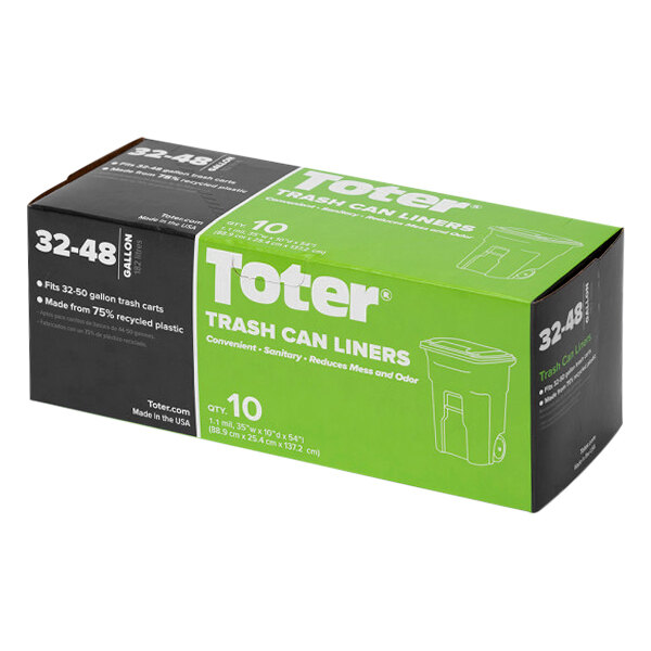 A green and black box of Toter 48 gallon trash can liners with white text.