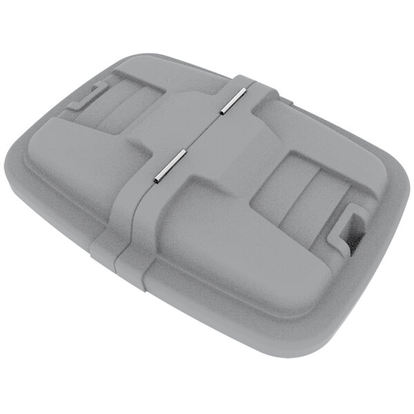 A grey plastic container with a hinge.