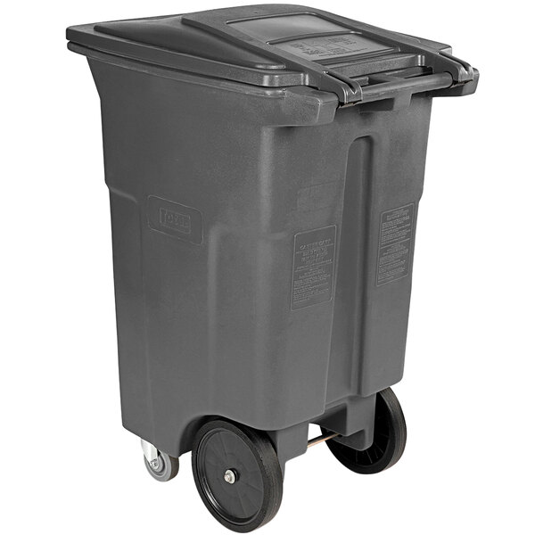 A grey Toter trash can with wheels.