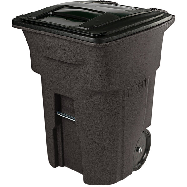 A Toter brownstone rectangular trash can with lid.