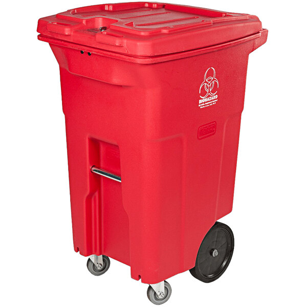 A red Toter rectangular wheeled medical waste cart.