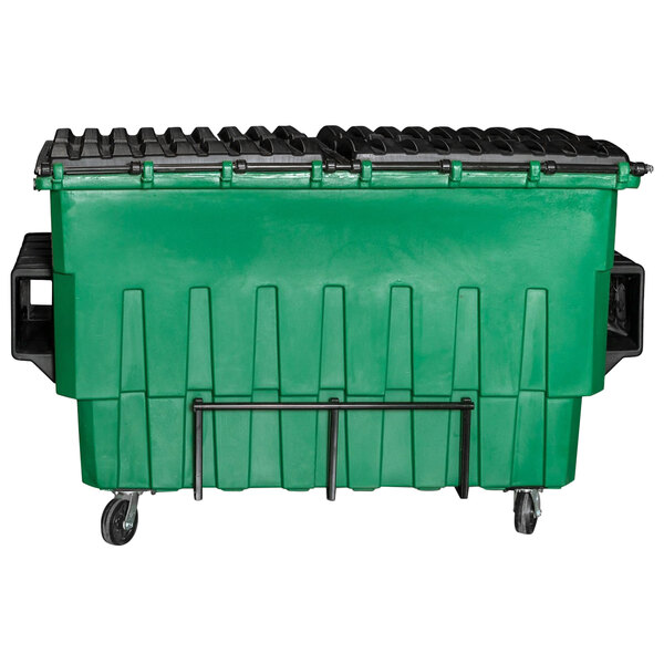 A green Toter front loading dumpster with wheels.