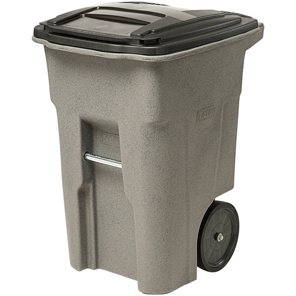 A grey Toter rectangular trash can with a black lid.