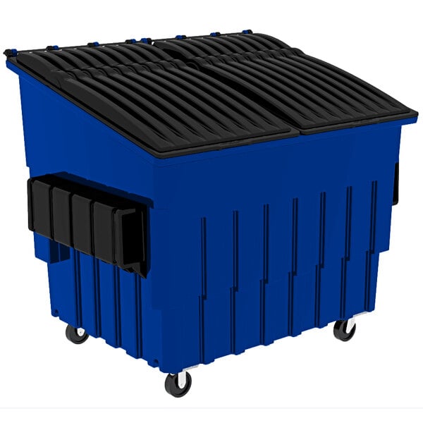 A blue Toter industrial dumpster with black lids and black handles.