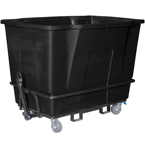 A black plastic container on wheels.