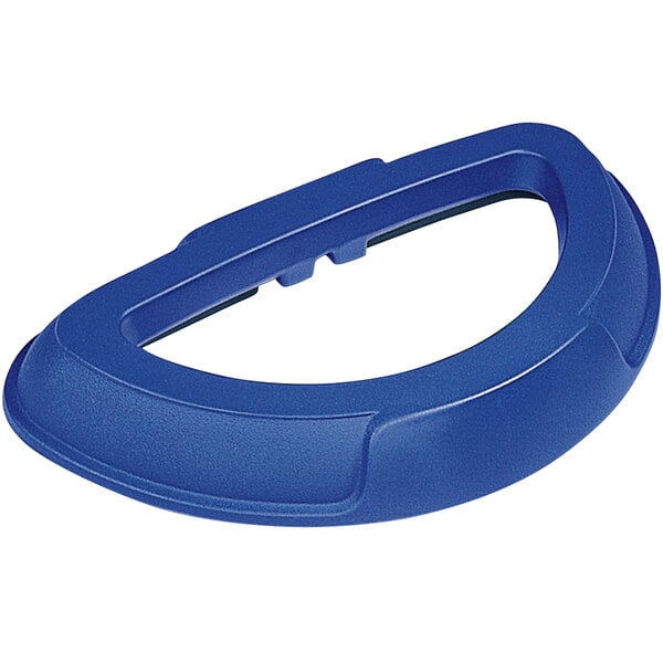 A blue plastic half round lid with a black handle and a hole in the top.