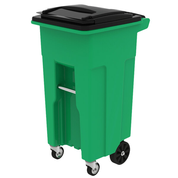 A lime green Toter rectangular caster cart with black lid.
