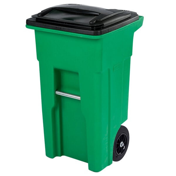 A lime green Toter rollout trash can with black lid on wheels.