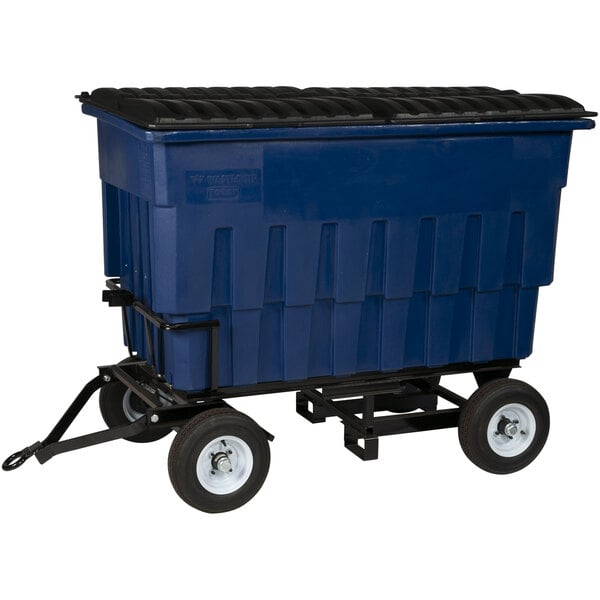 A blue Toter industrial trash container on wheels with a black lid.