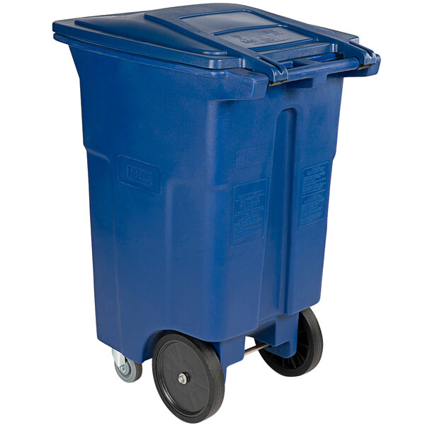 A blue rectangular Toter trash can with wheels.
