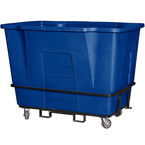 A blue plastic Toter waste receptacle on wheels.