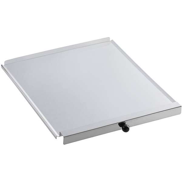 A white metal rectangular tray with a black handle on top.