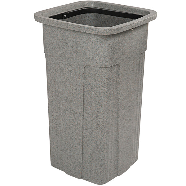 A gray rectangular Toter trash can with a black lid.