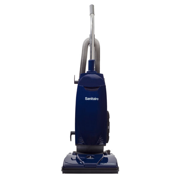 A close up of a blue Sanitaire SL4110A bagged upright vacuum cleaner.