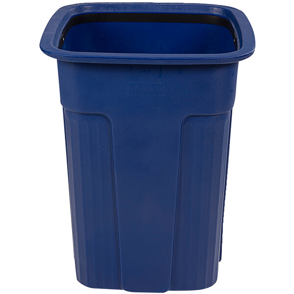 A blue Toter Slimline 25-gallon square plastic trash can.