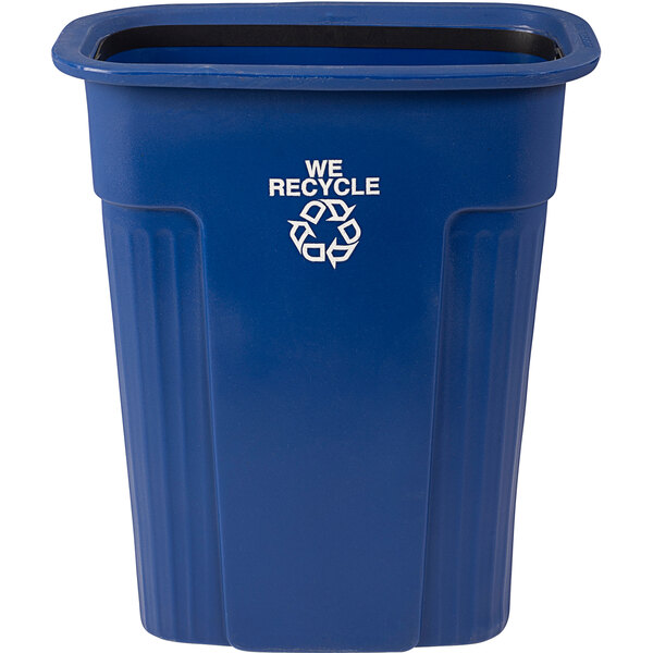A blue Toter recycling container with white "we recycle" text.