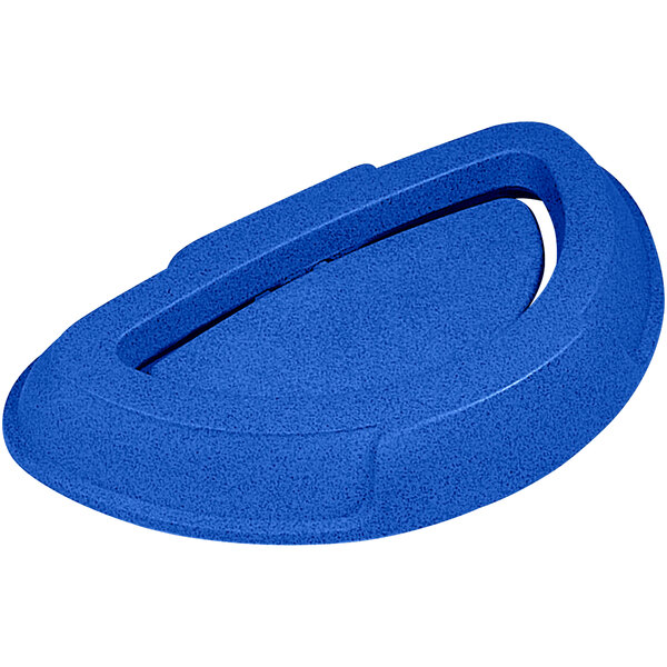 A blue plastic Toter lid with a swing door and a handle.