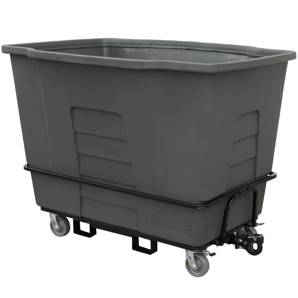 A large grey Toter industrial trash container with wheels.