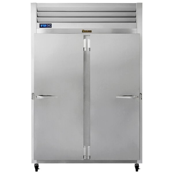 A large silver Traulsen G Series reach-in refrigerator with two doors, one white and one stainless steel.