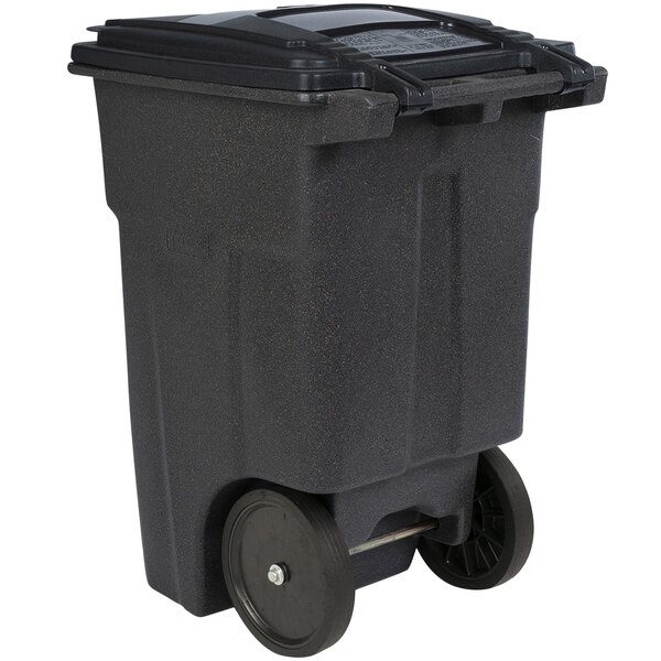 A brownstone Toter rectangular trash can with wheels.