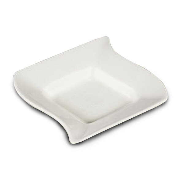 A white square saucer with a curved edge.