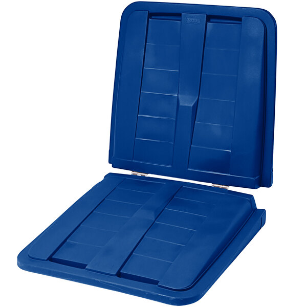 A blue plastic lid with two compartments for a Toter Universal Tilt Truck.