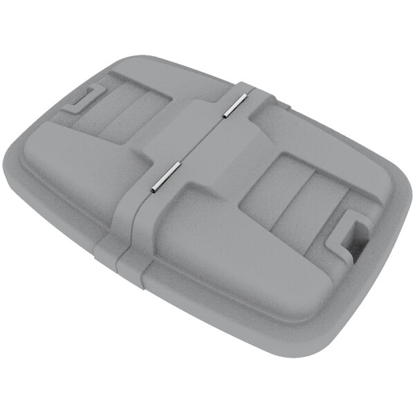 A grey plastic Toter lid with two compartments and a handle.