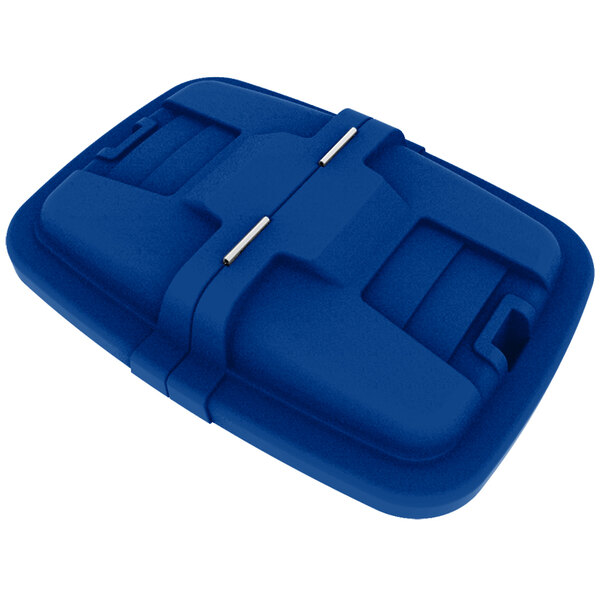 A blue plastic lid with two compartments and metal handles.