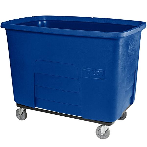 A blue plastic container on wheels.
