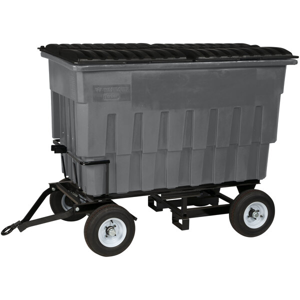 A large grey Toter dumpster on wheels.