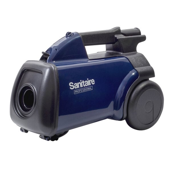A blue and black Sanitaire canister vacuum cleaner with a hose.
