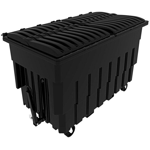 A black Toter industrial dumpster with wheels and an attached lid.