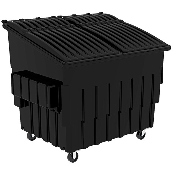 A black Toter dumpster with wheels.