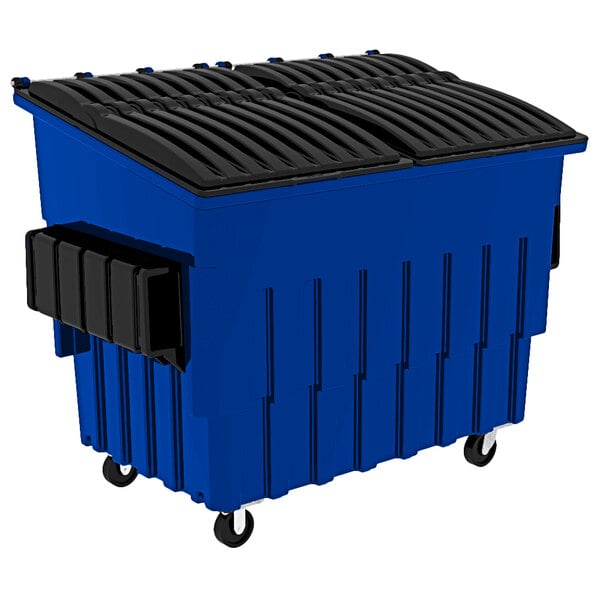 A blue Toter industrial dumpster with black lids.