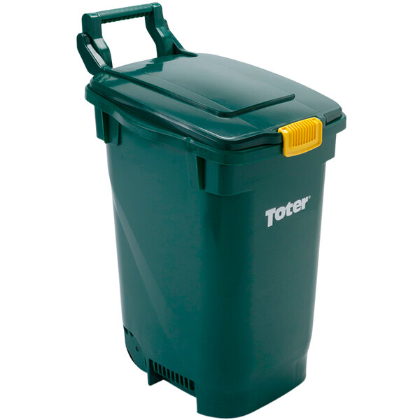 A green Toter rectangular trash can with the lid open.
