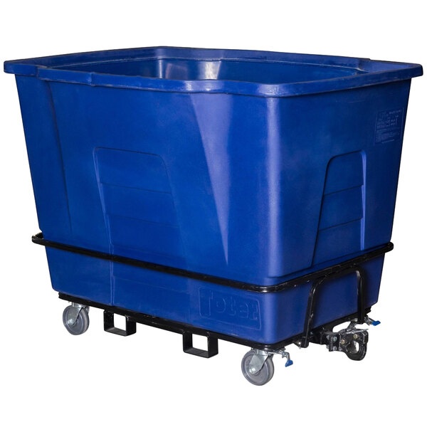 A blue plastic container on wheels with the name "Toter AMT20-00BLU" on it.
