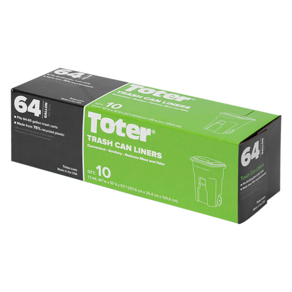 A green and black Toter box of 80 black trash can liners with white text.