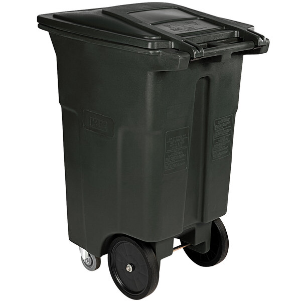 A black garbage can with wheels.