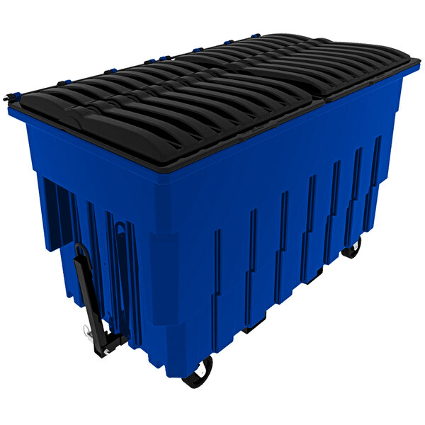 A blue Toter industrial trash bin with wheels and a black lid.