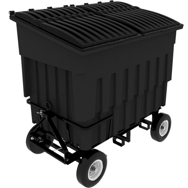 A black Toter dumpster on wheels.