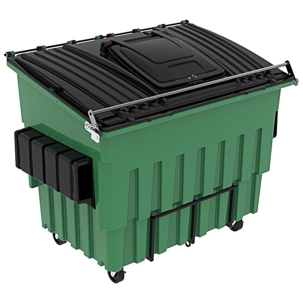 A green Toter dumpster with black lid on wheels.