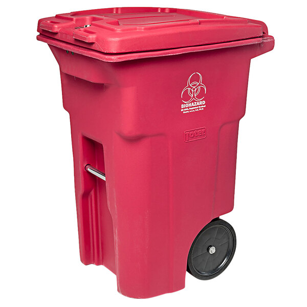 A red trash can with wheels.