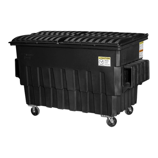 A black plastic Toter dumpster on wheels.