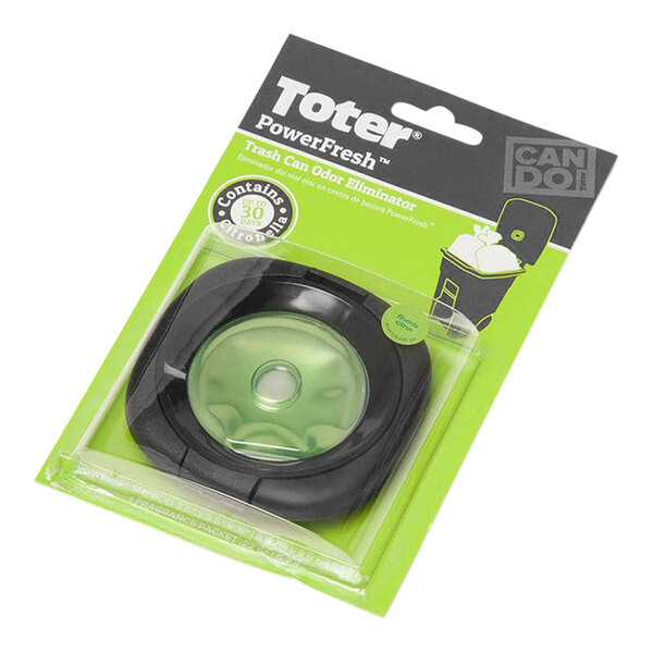 A black and green package with a round clear disc inside labeled "Toter PowerFresh Citrus Scented Odor Eliminator"