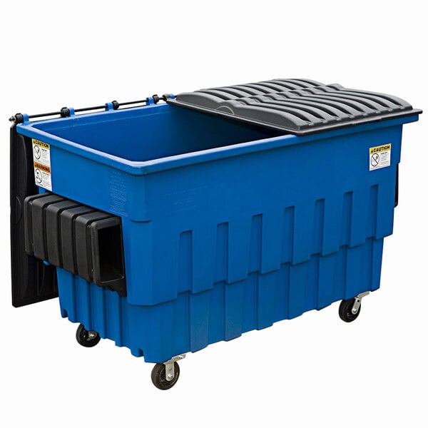 A blue Toter dumpster with a black lid.