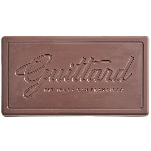 A brown rectangular Guittard chocolate bar with the words "Guittard French Vanilla 54% Dark Chocolate" in white.