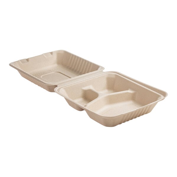 Fineline 43SHD8S3 Conserveware 8" x 8" x 3 1/8" Bagasse 3 Compartment Deep Take-Out Container - 200/Case
