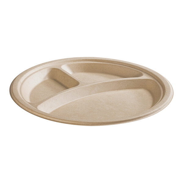 Fineline 43RP09S3 Conserveware 9" Bagasse 3 Compartment Round Plate - 500/Case