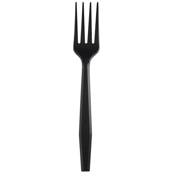 A black Fineline plastic fork with a long handle.