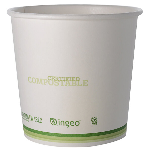 A white paper food container with green text reading "Certified Compostable"